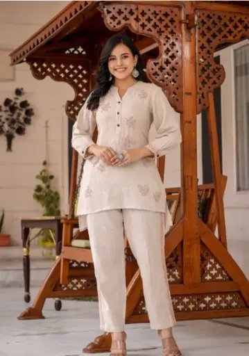 Beige Thread Embroidered Cotton Co-ord Set