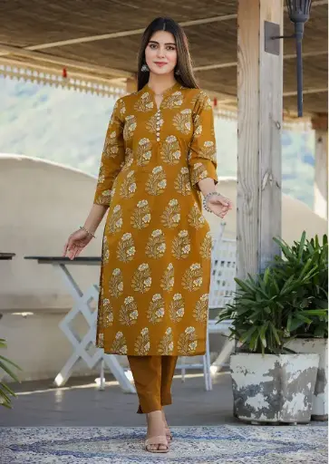 Mustard Floral Printed Side Slit Cotton Kurta Pant Set