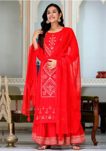 Red Embroidered Silk Kurta Sharara Set with Dupatta